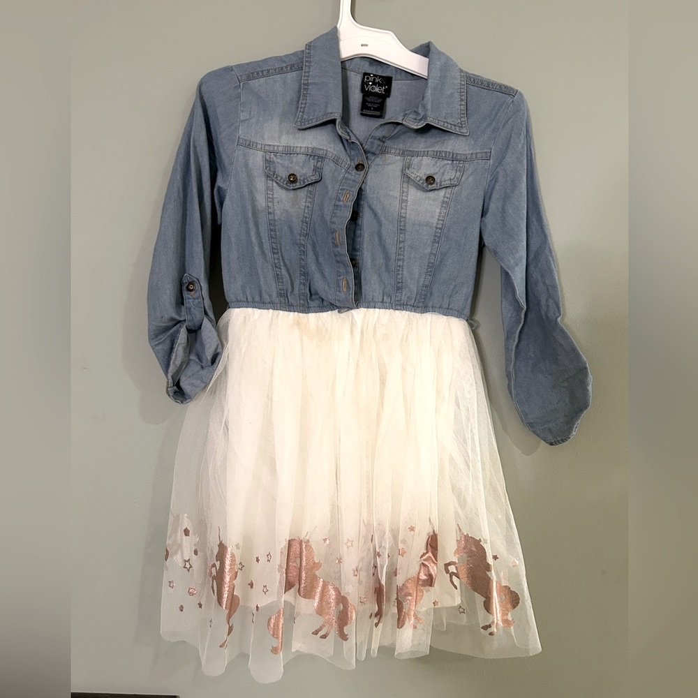 Girls Jean and tulle  dress with Unicorn print around the bottom.